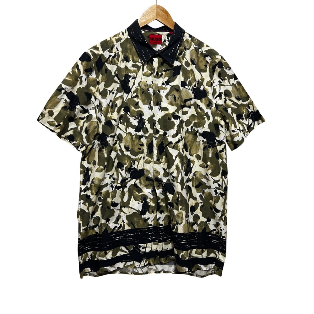 HUGO Men Streetwear Abstract Button Up Camp Shirt XXL Olive Floral Camo Euro